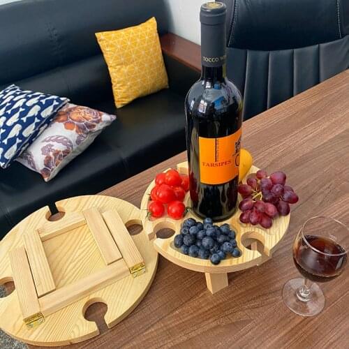 Wooden Outdoor Foldable Picnic Table With Glass Holder Round Folding Desk Wine Glass Rack Collapsible Table For Garden Party