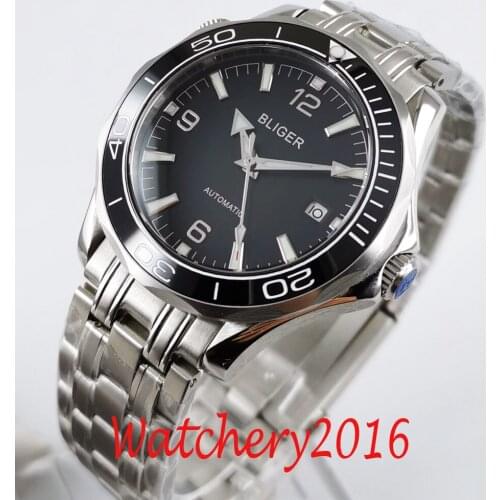 BLIGER Design Brand Luxury Watch Automatic Black Watch GMT Stainless Steel Business Sapphire Glass Mechanical Wristwatch