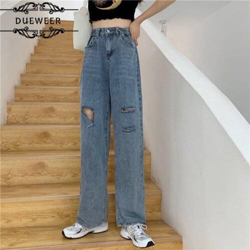 Dueweer Jeans Women Straight Hole High Waist Ripped Trousers Slim Loose Fashion Streetwear Korean Style Casual Chic Plus Size