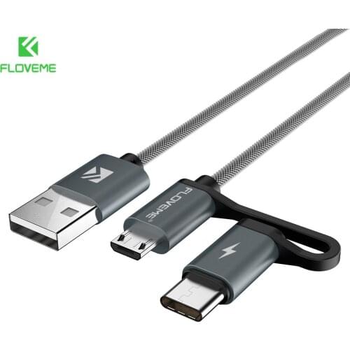 FLOVEME 2 in 1 MircoUSB + Type-C USB Cable Braided Fast Charger QC 3.0 USB-C Mobile Phone Cable for Galaxy S8 Xiaomi Smartphone