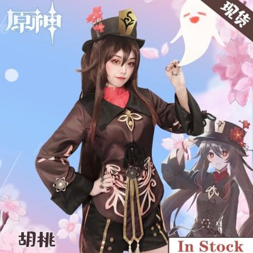Genshin Impact Cosplay Fire Elemental Hu Tao Costumes Anime Project Eye of God Accessories Halloween Women Coat Pants Hat Set