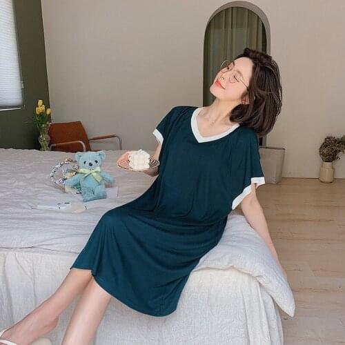 Summer New Loose Nightgown Women Patchwork Color Sleepwear Short Sleeve Pullover Nightwear Casual Sexy Gown Simple Home Clothing