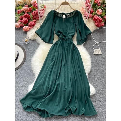 Vintage Women Chiffon Pleated Dress Summer Round Neck Short Sleeve High Waist Green/Red/Purple Draped Vestidos Female 2021 New