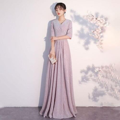 Special Occasion Dresses Vintage V-Neck Half Lace Up Sequined Pleat A-Line Floor-Length Luxury Pink Elegant Women Prom Gown E914