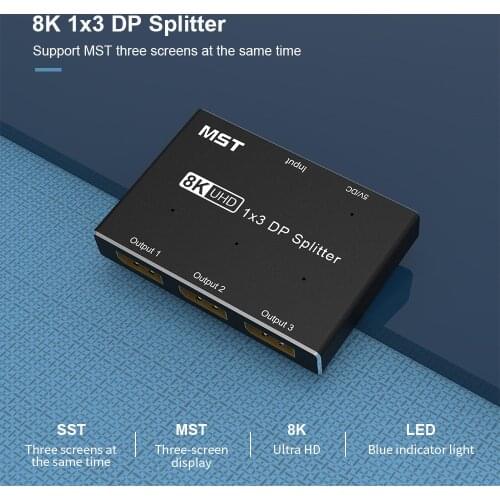 Displayport 1.4 1x3 Splitter 8K@30Hz 4K@144Hz MST SST Hub Multi Monitor Splitter Adapter With Extended Display and Mirror Mode