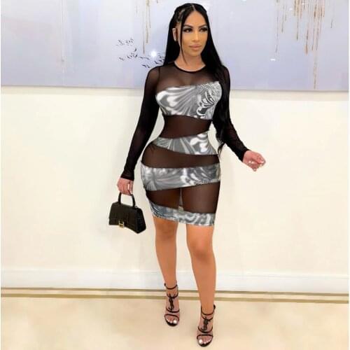 Sheer Mesh Patchwork See Through Sheath Dress Women Full Sleeve Body-shaping Bodycon Dress Autumn Ladies Party Clubwear Dress
