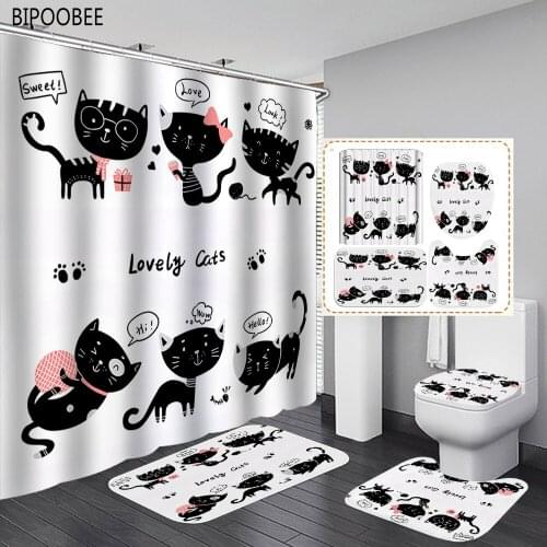 Lovely Cats Printed Design Shower Curtain Waterproof Fabric Bathroom Curtains Set Bath Mats Rugs Non-Slip Rug Toilet Lid Cover