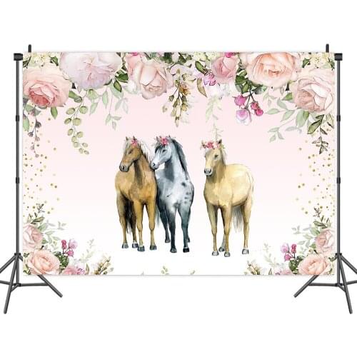 Western Three Horses with Flowers Backdrops Photos Background for Kids Birthday Portrait Photography Baby Shower Studio Props