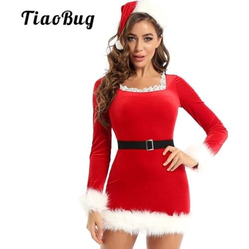 Women Xmas Cosplay Rave Party Santa Elf Costume Flannel Lace Neck Long Sleeve Faux Fur Trim Christmas Dress with Belt Hat Sets