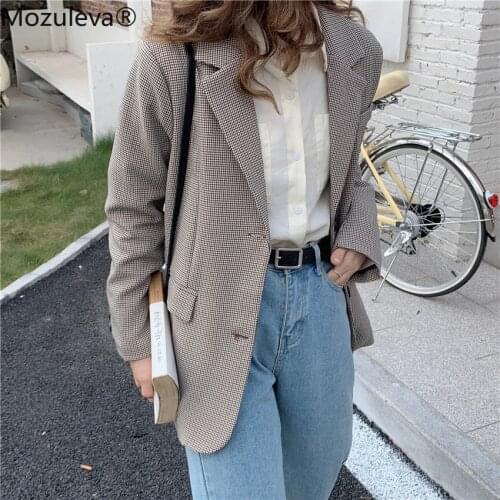 Mozuleva Vintage Loose Single-breasted Female Houndstooth Blazer Tops Casual Full Sleeve Women Jackets 2021 Autumn Outwear Coat