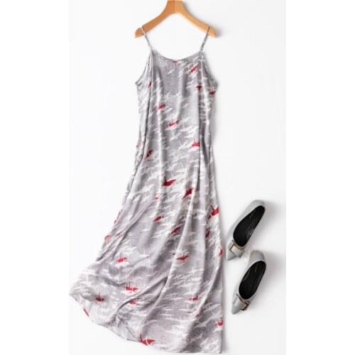 Womens 100% Silk luxury Fashion Heavy sun-top Long Dress Elegant Swan Prints One Size L1121