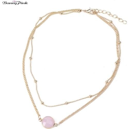 Banny Pink Sweet Geometric Stone Pendant Choker Necklace For Women Simple Beads Chain Choker Collar Clavicle Chain Necklace