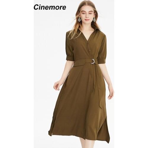 Cinemore Womens Dress Backless Short Sleeve Club Lapel Solid Blet Long Dresses Office Lady Summer Light Dresses 2021 Q92264
