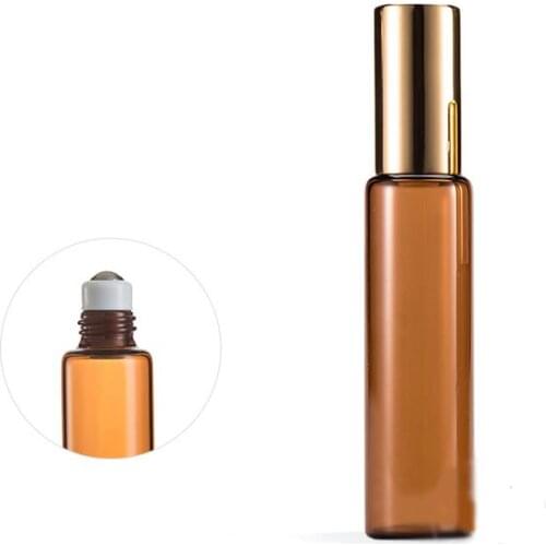 300pcs/lot 10ml Amber Thin Glass Roll on Bottle Sample Test 10cc Essential Oil Vials with Roller Metal Ball