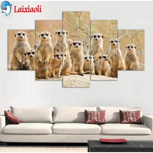 5d diy diamond painting Meerkat family cross stitch full square round mosaic 5 pcs picture diamond embroidery puzzle gift decor