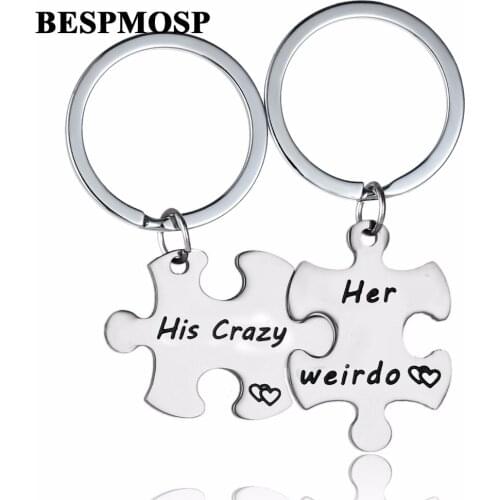 Bespmosp 2PC Valentines Day Gifts His Crazy Her Weirdo Keychain Puzzle Couples Lovers Promise Keyring Stainless Steel Key Chain