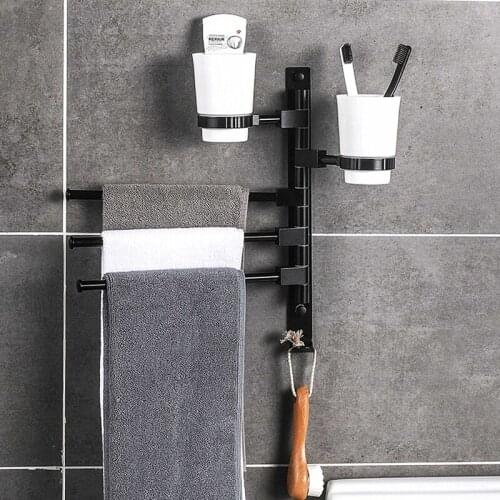 Black Stainless Aluminum Wall Mounted Towel Bar with 2 Cups Rack Holder Rail Bathroom Rod Accessories Storage Shelf Organizer