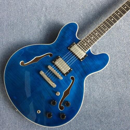 Jazz Hollow Body Electric Guitar,Ebony fingerboard, 2F holes,Flame maple top & back electric guitar, Free shipping