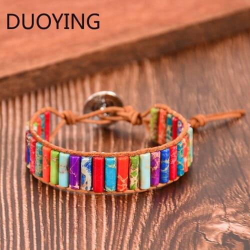 HIYONG 7 Chakra Bracelet Bohemia Handmade Natural Stone Tube Beads Leather Wrap Men Bracelet Adjustable Healing Female Bangle
