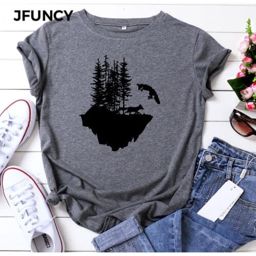 JFUNCY Summer Cotton Women T-shirt Wolf Mountain Graphic Print Female Tee Harajuku Casual Tshirt Plus Size Lady Shirts Tops