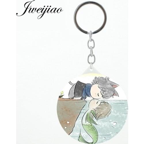 JWEIJIAO Cartoon Cute Cat Love Fish Mirror Keychain Best Friend Gifts Keyrings Bag Pendant Accessories Handmade Jewelry CH77