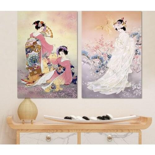 Japan Style Pictures Decorating Plum Flower Pink Kimono Lady Canvas Print Wall Art Painting for Living Room Unframed