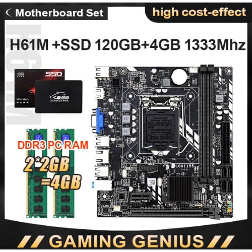 JINGSHA H61M LGA 1155 Motherboard Set with SSD 120GB and DDR3 2*2GB 4GB PC RAM 1333MHZ H61 Intel Chipset Motherboard SATA2.0