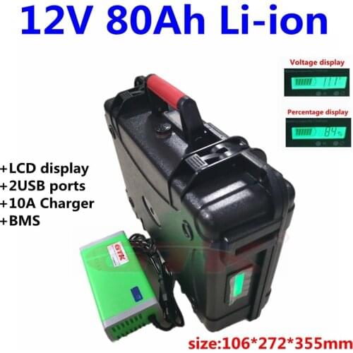 GTK 12V 80Ah lithium li ion battery pack 100A BMS for 12V electric fishing boat USB Solar Energy Storage Battery +10A Charger