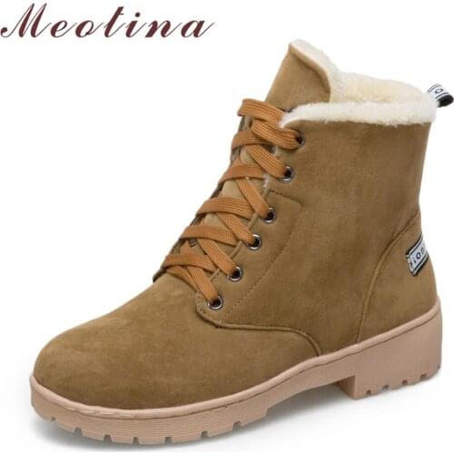 Meotina Snow Boots Winter Women Boots Plush Lace-Up Block Heel Ankle Boots Platform Med Heel Short Shoes Ladies Large Size 33-43