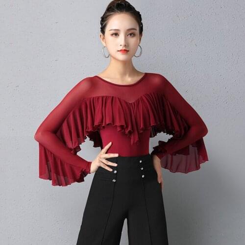 New Latin Dance Practice Clothing Female Long Sleeve Modern National Standard Dance Shirt Rumba Dance Tops Samba Clothes DQL5616