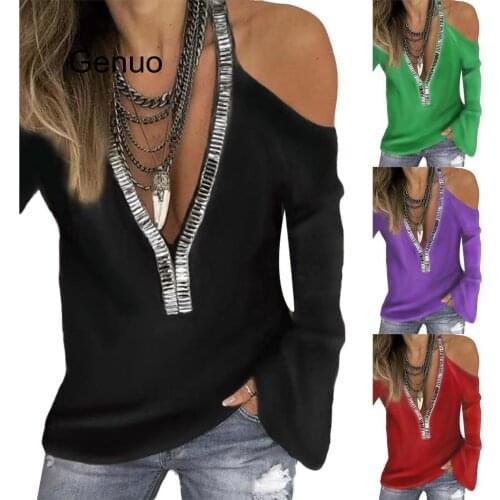 Sexy Sequins V Neck Cold Shoulder Long Sleeve T-Shirt Women Solid Color Top Plus Size Solid Color Sequins Decor Womens T-Shirt