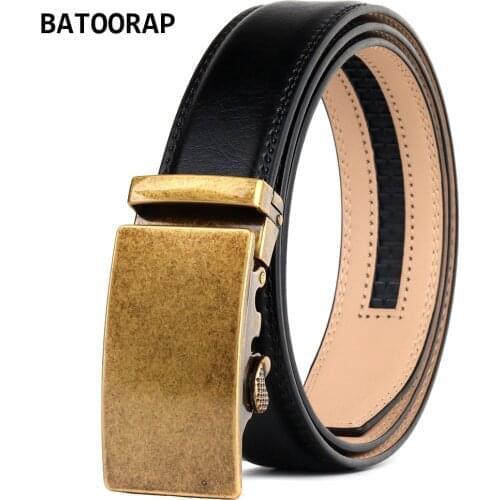 BATOORAP Fashion Black Dress Belt Strap For Men Casual Gold Buckle Automatic Belt Luxury Genuine Leather Formal Trouser Straps