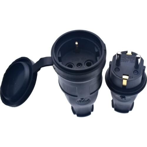 16A 250V EU Rubber Waterproof Socket Plug Electrial Grounded European Connector With Cover IP44 For DIY Power Cable Cord