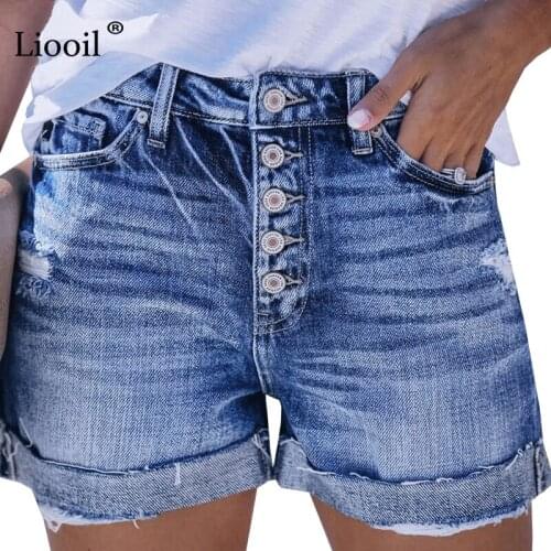 Liooil Sexy Stretch Ripped Button Up Denim Shorts Women Mid Waist With Pocket Wash Distressed Blue Cotton Hole Rave Jean Shorts