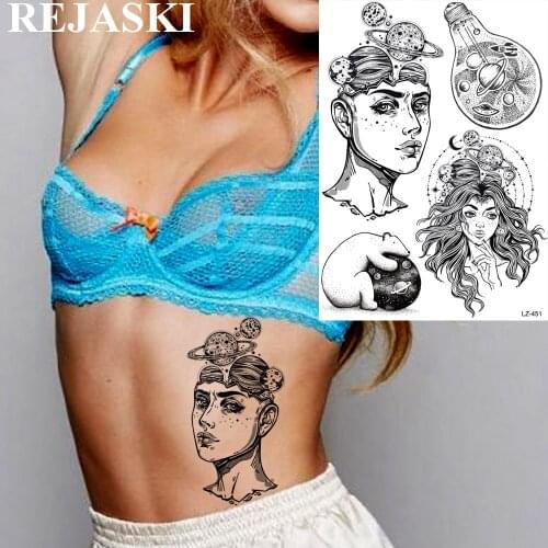 REJASKI Bulb Statue Planets Temporary Tattoos Sticker Black Universe Waterproof Tattoo for women Body Art Arm Waist Fake Tatoos
