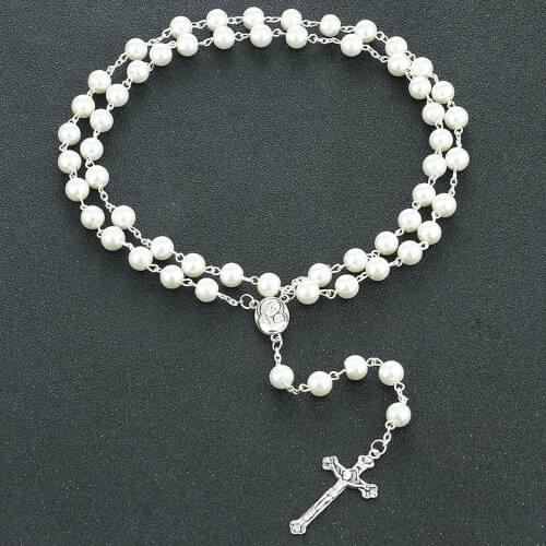 Charms Imitation Pearls Beads Necklace Religious Rosary Cross Pendant Necklace Women Virgin Mary Catholic Jewelry MN299