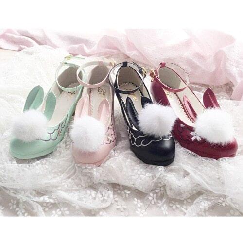 Japanese tea party sweet lolita shoes vintage round head thick heel women shoes cute lace bowknot kawaii rabbit loli cosplay