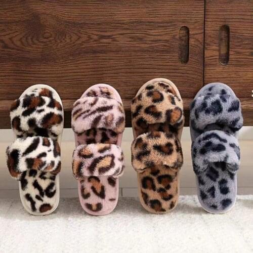 Autumn Winter Fluffy Home Slippers For Women Leopard House Floor Slides Ladies Soft Furry Flat Shoes Wholesales Warm Slippers