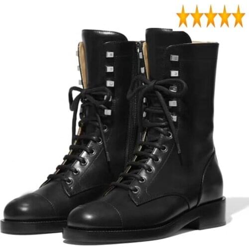 Real Leather Cowhide Ankle Women Autumn Motorcycle Biker Platform Fashion Punk Black Lace Up High-Top Boots Female