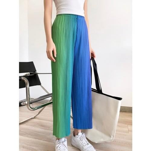 2021 Spring summer Miyake Pleated vintage sky rainbow asymmetric color high waist straight pants Korean fashion women clothes