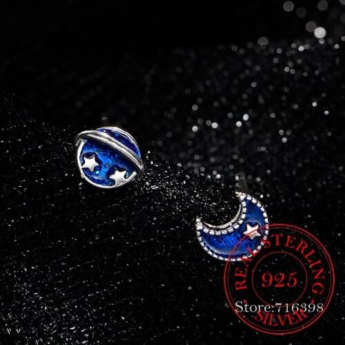 925 Sterling Silver Blue Planet Moon & Star Stud Earrings For Women Female Wedding Fashion Jewelry A187