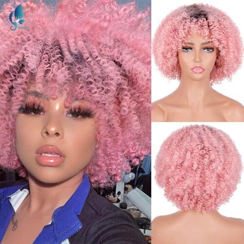 DAN BO Womens African Quirky Curly Wig Ombre Pink Black Synthetic Wig Daily Party