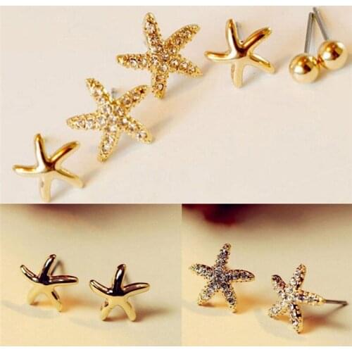 3Pairs/set Rhinestone Sea Star Starfish Earrings Simple Earrings For Fashion Women Brincos Birhtday Gifts
