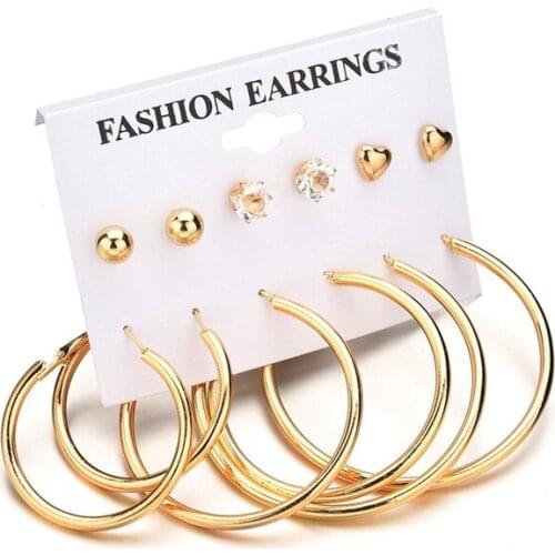 6Pcs Simple Rhinestone Pearl Hoop Large Fashion Earrings Big Circle Hoops Statement Earrings for Women Stud Earrings Set