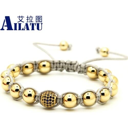 Ailatu Top Quality Plated Copper Beads With 9mm Blue Micro Paved Blue Cz Beads Macrame Bracelet for Mens Hot Sale