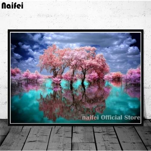 5D Diamond Paintings DIY Diamond Mosaic Cross Sticker Kit Pink Tree Reflection Flower Full Diamond Home Decor Embroidery