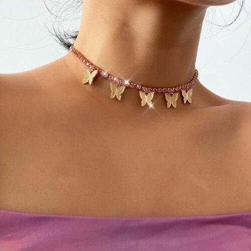 Shiny Crystal Tennis Chain Butterfly Charm Chokers Necklace for Women Party Statement Necklace Bowknot Jewelry for Girls