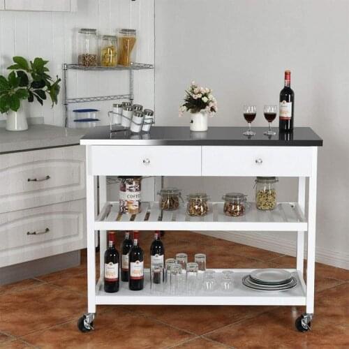 Space Saving Solid Wood Kitchen Trolley Includes Wine Rack, 2 Storage Drawers ，2 Shelves and 4 rounds Home Bar Furniture HWC