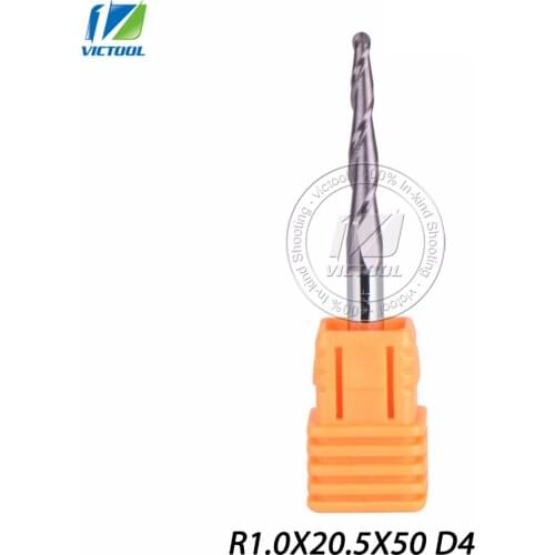 5pcs/lot R1.0*D4*20.5*50L*2F HRC55 Tungsten solid carbide Coated Tapered Taper Ball Nose End Mill cone type cnc milling cutter
