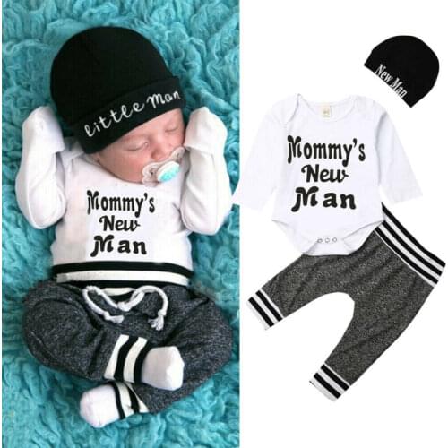 3Pcs Newborn Baby Boys Clothes Cotton Letter Romper Top Sweatpants Legging Outfit Caps Toddler Suit